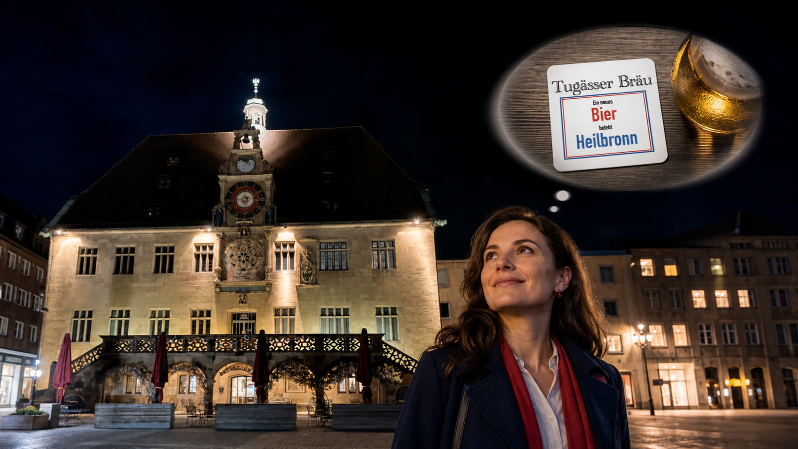 Der Heilbronner Marktplatz bei Nacht mit beleuchtetem Rathaus; im Vordergrund eine KI-generierte Frau, über ihr eine Gedankenblase mit einem Bierdeckel „Tugässer Bräu — Ein neues Bier belebt Heilbronn“ und einem frisch gezapften Bier
